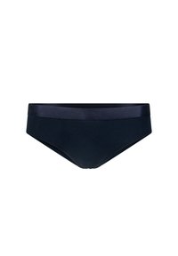 Marineblauwe bikini slip met een geribbelde textuur en een gladde satijnen tailleband. Geen zichtbare logo's of patronen. Eenvoudig, klassiek ontwerp.