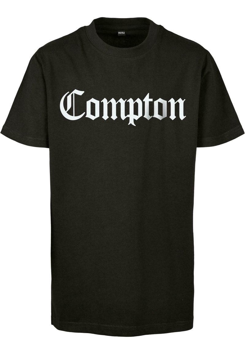 Svart bomull t-skjorte med hvit gotisk stil tekst som leser "Compton" over brystet. Normal passform med korte ermer.