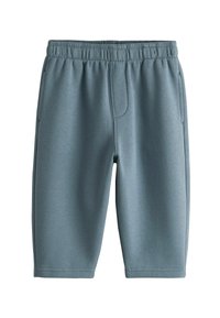 Grey, knit shorts with an elastic waistband, featuring side pockets and a fitted design. Smooth texture and knee-length cut.