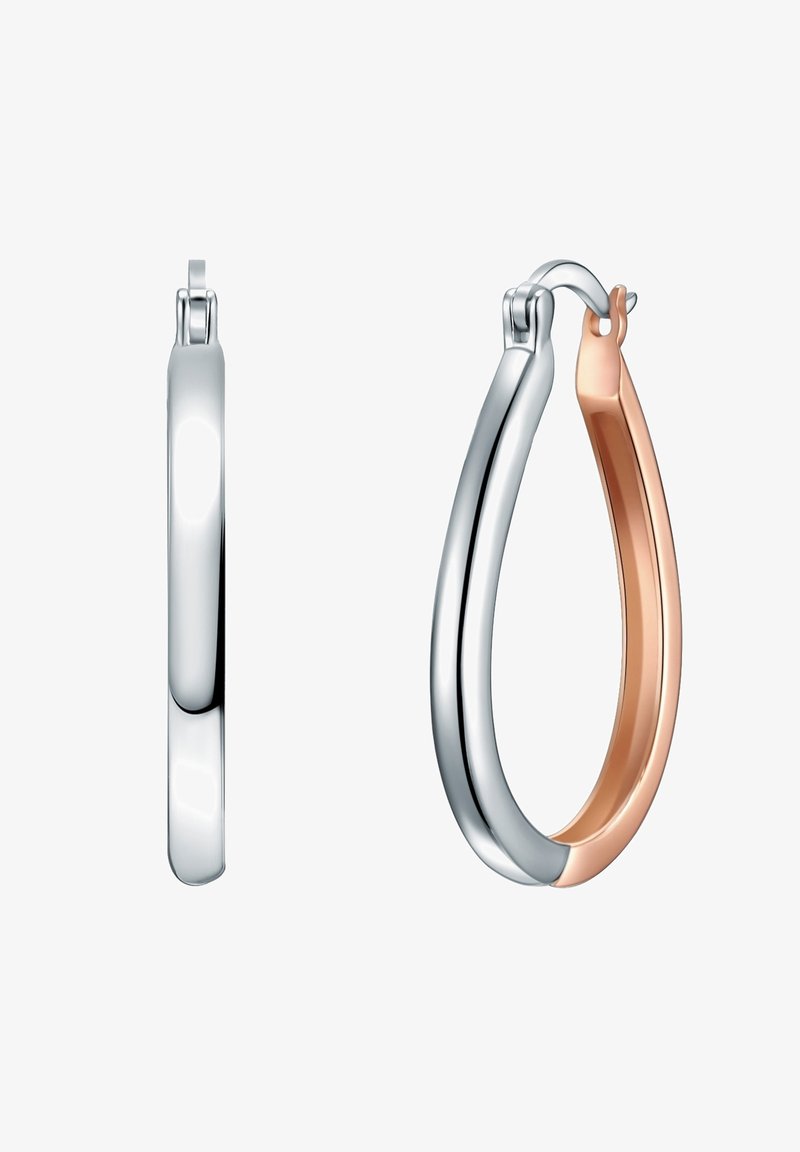 Silver and rose gold hoop earrings with a smooth, polished surface. The silver earring has a thin profile, while the rose gold earring is slightly wider.