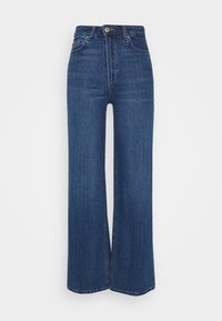 Högmidjade vida jeans tillverkade av mörkblå denim med en slät textur, utrustade med standard-sömmar och knappstängning.