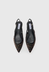 Pair of pointed-toe slingback flats with dark leopard print and black trim, labeled "Steve Madden" inside soles.
