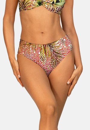 Dół bikini z wysokim stanem, z kolorowym wzorem czerwonych kropek i zielonych liści palmowych, wykonany z gładkiej tkaniny z delikatnym marszczeniem.