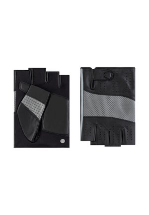 Paar schwarzer und grauer fingerloser Leder-Radfahrhandschuhe mit perforierten Abschnitten und einem Druckknopfverschluss am Handgelenk.