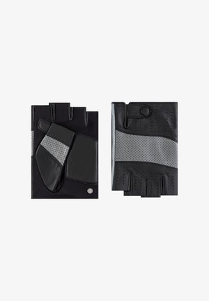 Pair of black and gray fingerless leather cycling gloves with perforated sections and a snap button closure on the wrist.