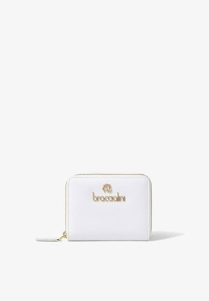 White leather wallet featuring a gold-tone logo and zipper closure, with a smooth texture and rectangular shape.