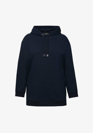 Námořnická modrá mikina s kapucí, dlouhými rukávy, klokaní kapsou, nastavovacími šňůrkami a ribbovanými manžetami a spodním lemem. Měkká směs bavlny.