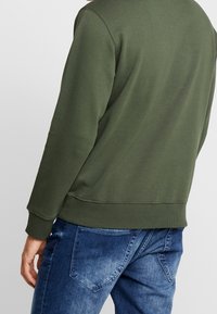 Felpa in cotone verde scuro con polsini e orlo a costine, dotata di un classico collo girocollo e una texture liscia. Indossata con jeans in denim blu.