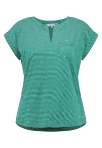 Vihreä raidallinen lyhythihainen paita, jossa on pyöreä pääntie ja pieni tasku. Valmistettu pehmeästä kankaasta, rento istuvuus ja pyöristetty helma.