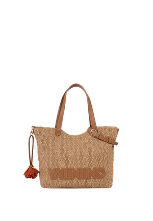 Beige woven tote bag with two leather handles, "VALENTINO" embossed on front, and an attached leather strap with an orange flower charm.