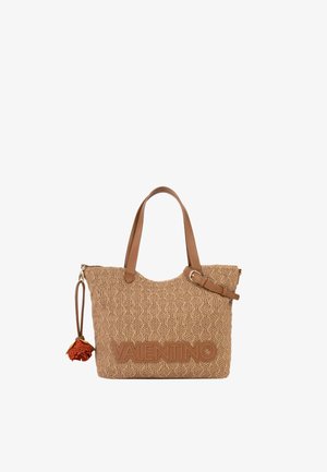 Beige woven tote bag with two leather handles, "VALENTINO" embossed on front, and an attached leather strap with an orange flower charm.