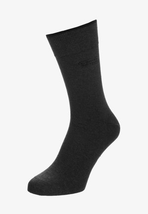 Black crew sock with ribbed cuff, smooth texture, and subtle brand logo near the upper calf.