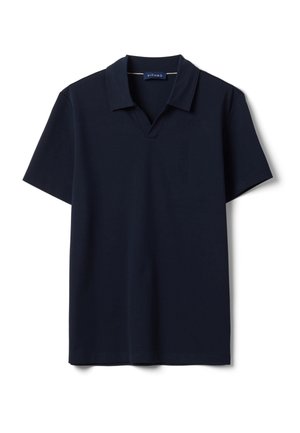 Polo blu navy a maniche corte con colletto e piccola apertura a V sul davanti.