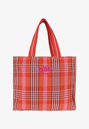 Oranje-roze geruite boodschappentas met dubbele hengsels en "oilily" in het roze geborduurd middenvoor.