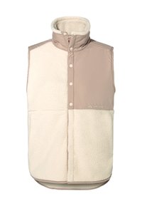 Gilet sans manches beige avec un devant en polaire crème doux et texturé, et un dos en tissu lisse ; il est doté d'un col haut et de boutons pression.