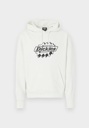 Valkoinen huppari, jossa suuri musta "Dickies"-logo, säädettävä huppu, kengurutasku ja resorit hihansuissa ja helmassa. Pehmeä materiaali.