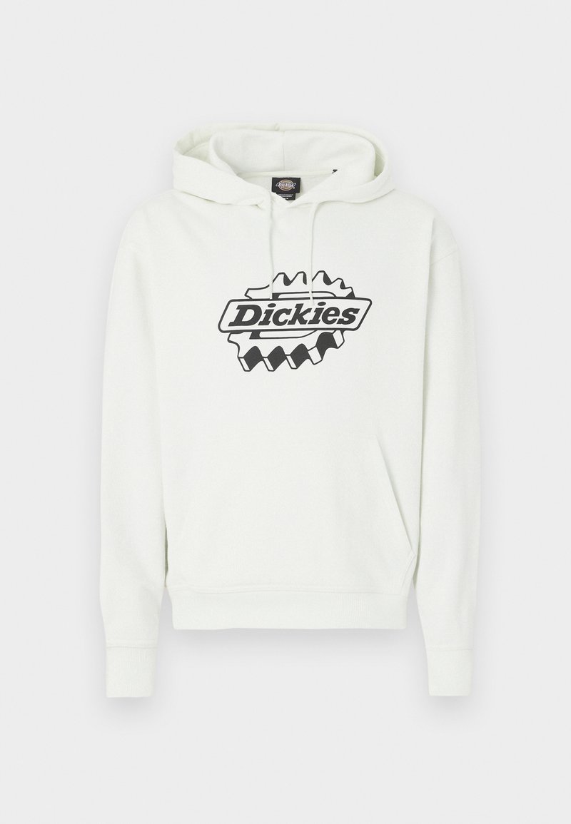 Felpa con cappuccio bianca con un grande logo "Dickies" nero, dotata di cappuccio con coulisse, tasca a marsupio e polsini e orlo a costine. Texture morbida.