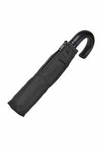 Parapluie noir compact avec une poignée lisse noire, fermeture éclair sur l'étui et un extérieur en tissu élégant. Conçu pour la portabilité.