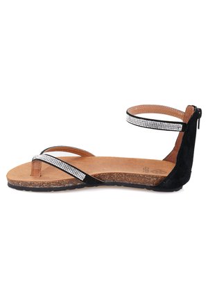Zwarte suède sandalen met een gevoerd voetbed, voorzien van dunne bandjes versierd met rhinestones en een ritssluiting aan de achterkant.