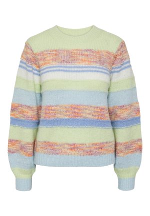 Multikleurige gebreide trui met horizontale strepen in pastelgroen, blauw, oranje en wit. Zachte textuur, ronde hals en geribbelde manchetten.