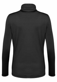 Camisa negra de manga larga con cuello alto, fabricada en un material suave y elástico. Presenta un diseño ajustado y costuras mínimas a los lados.