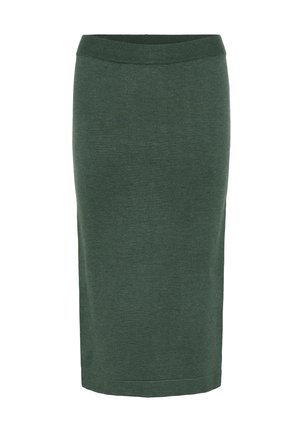 Žalia megzta pieštuko sijonas su plačiu elastiniu juosmeniu, tiesaus kirpimo ir lygią tekstūrą, su dizainu, siekiančiu žemiau kelių.