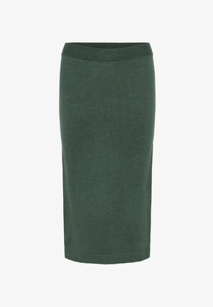 Green knitted pencil skirt with a wide elastic waistband, straight cut, and smooth texture, featuring a below-knee length design.