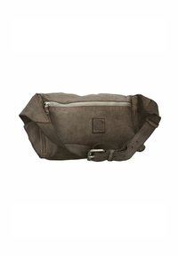 Borsa in pelle grigia con una texture morbida, dotata di una tasca frontale con zip e una tracolla regolabile. Forma arrotondata con dettagli di cucitura a contrasto.