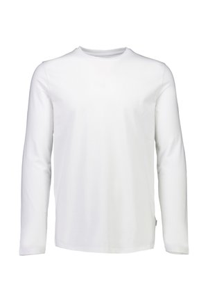 Langdurig witte blouse met lange mouwen, gemaakt van zachte stof, met een ronde halslijn en een rechte snit. Geen patronen of versieringen zichtbaar.