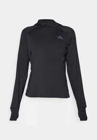 Must pikkade varrukatega sportlik topp kõrge krae ja rinnal oleva logoga. Sujuv, kerge kangas.