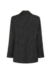 Fekete blazer strukturált dizájnnal, függőleges pöttyös mintázattal, fémszínű díszítéssel. Hagyományos hajtókák és gombos mandzsetták.