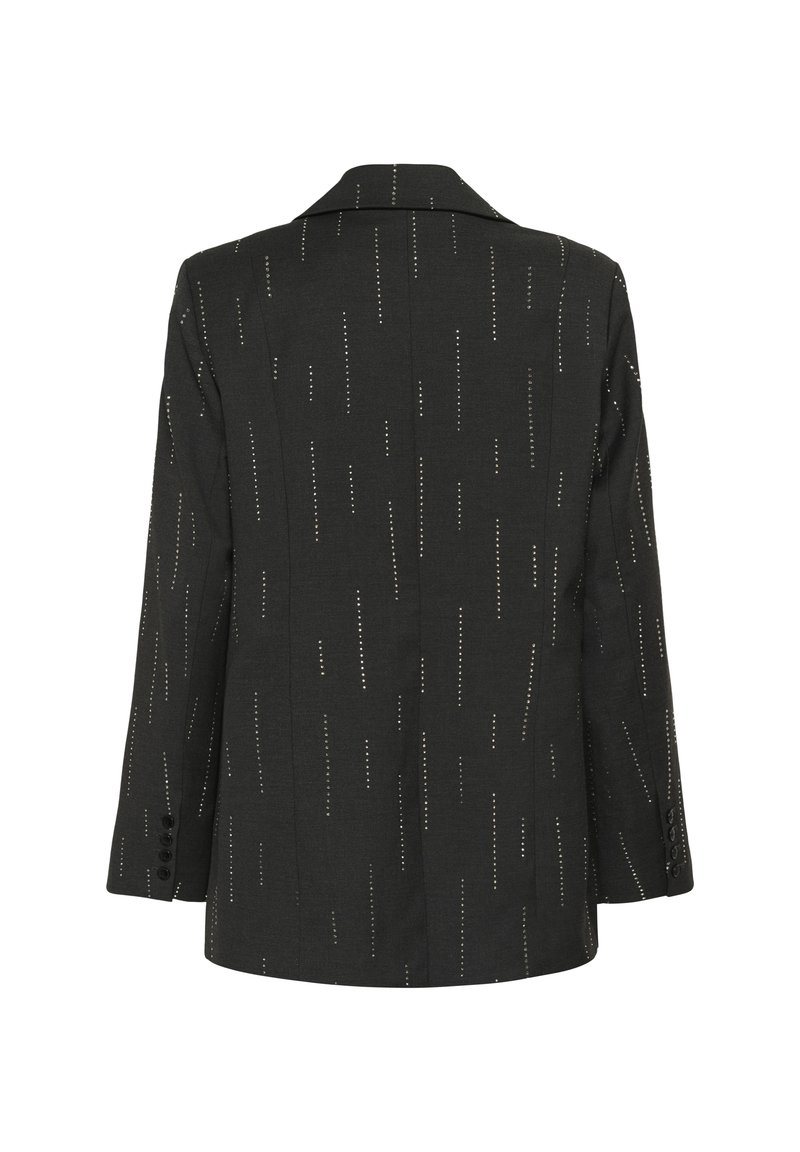 Blazer nero con un design strutturato, caratterizzato da un motivo a righe verticali con accenti metallici. Collo tradizionale e polsini abbottonati.