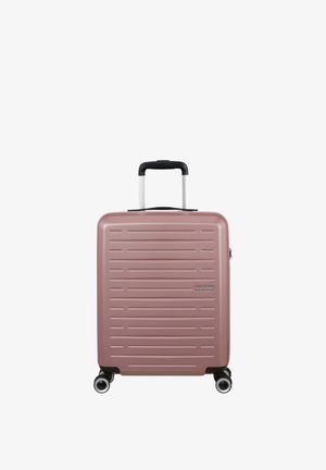Valigia rigida compatta color oro rosa con manico telescopico nero e quattro ruote girevoli, progettata per una facile mobilità.