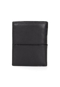 Portafoglio in pelle nera con superficie texture, design slim e due tasche orizzontali per carte. Nessun hardware o decorazione visibile.