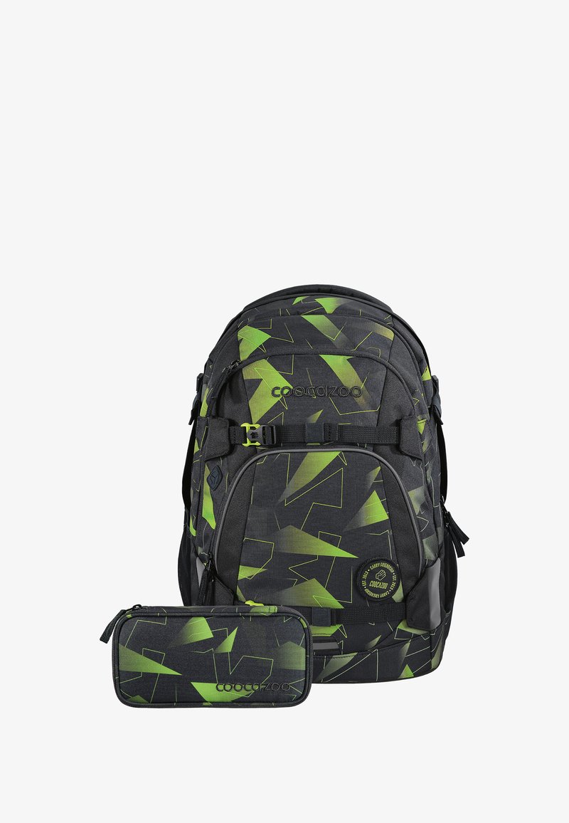 Black backpack with green angular patterns, featuring adjustable straps, organizational pockets, and a matching pencil case.