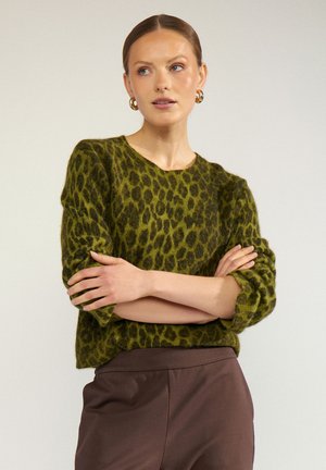 Frau mit zurückgebundenen Haaren trägt einen grünen und schwarzen Pullover mit Leopardenmuster und dunkelbraune Hose, steht mit verschränkten Armen und schaut nach rechts.