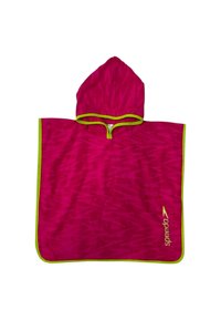 Poncho rosa con cappuccio, dotato di zip, rifiniture verde lime e un motivo testurizzato. Logo "Speedo" in giallo in basso a destra.