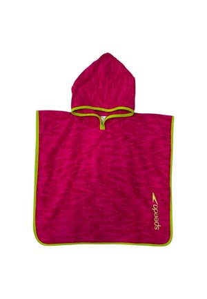 Poncho rosa con cappuccio, dotato di zip, rifiniture verde lime e un motivo testurizzato. Logo "Speedo" in giallo in basso a destra.