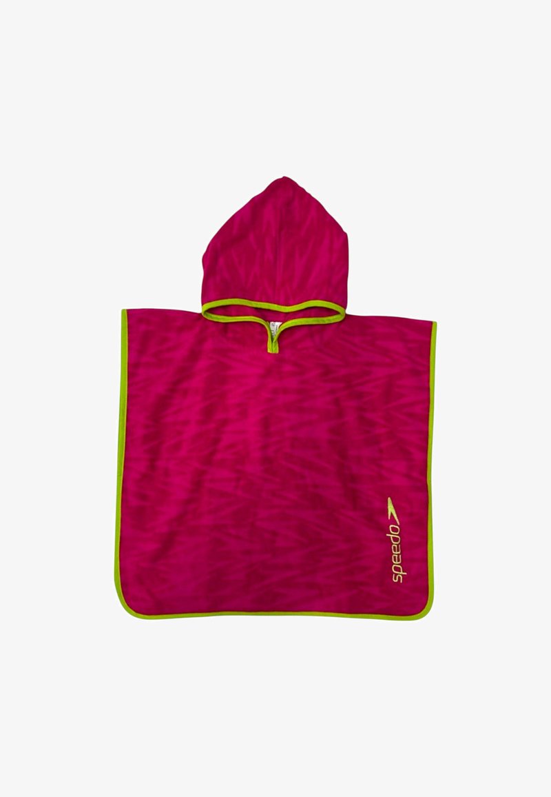 Poncho rosa con cappuccio, dotato di zip, rifiniture verde lime e un motivo testurizzato. Logo "Speedo" in giallo in basso a destra.