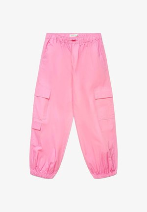 Pantaloni cargo rosa con fascia elastica in vita, tasche laterali con patte e polsini elastici, distesi su uno sfondo bianco.