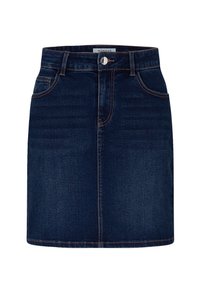 Denim rok in donkerblauw met een rechte snit, vijf zakken en contrasterende stiknaden. Voorkant sluiting met een knoop en rits.