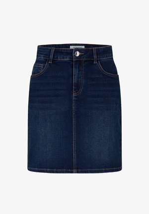 Jupe en denim bleu foncé avec une coupe droite, cinq poches et des coutures contrastées. Fermeture avant avec un bouton et une fermeture éclair.