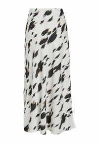 Jupe midi en tissu léger présentant une base blanche avec des motifs abstraits noirs et bruns audacieux, texture lisse et design fluide.