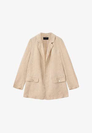 Beiger Damenblazer mit Reverskragen, langen Ärmeln, vorderen Pattentaschen mit Knopfverschluss und lockerem Schnitt.
