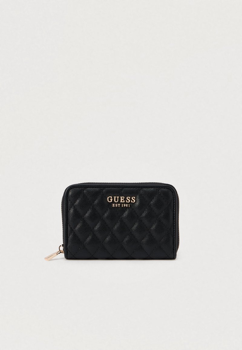 Μαύρο καπιτονέ πορτοφόλι από συνθετικό υλικό, με χρυσό λογότυπο και κλείσιμο με φερμουάρ. Υφή με διαμάντι μοτίβο.