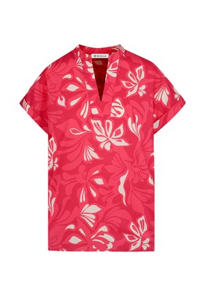 Kurzarmtop in einem lebhaften pinken Blumenmuster. Mit einem V-Ausschnitt und einer lockeren Passform. Hergestellt aus glattem, leichtem Stoff.