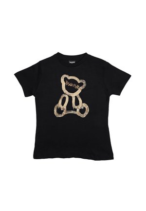 T-shirt nera a maniche corte con grafica beige in stile schizzo di un orsacchiotto al centro, con testo sopra il volto dell'orsetto.