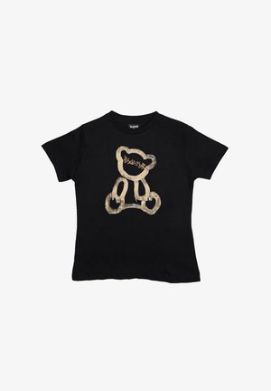 T-shirt nera a maniche corte con grafica beige in stile schizzo di un orsacchiotto al centro, con testo sopra il volto dell'orsetto.