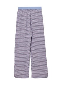 Lichtblauwe patroonwijdelijngbroeken met een herhalend bloemmotief in rood en wit, met een elastische tailleband voor comfort.