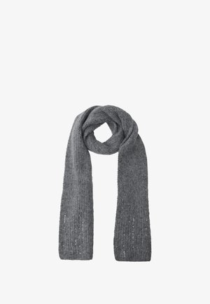 Sciarpa grigia lavorata a maglia con un motivo testurizzato, realizzata in materiale morbido; presenta paillettes sottili lungo i bordi per un tocco di dettaglio in più.